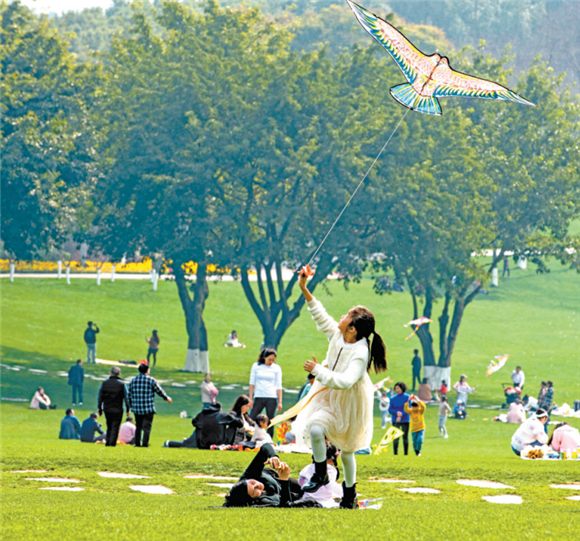 中央公园大草坪上，小朋友正在放风筝 许可 摄