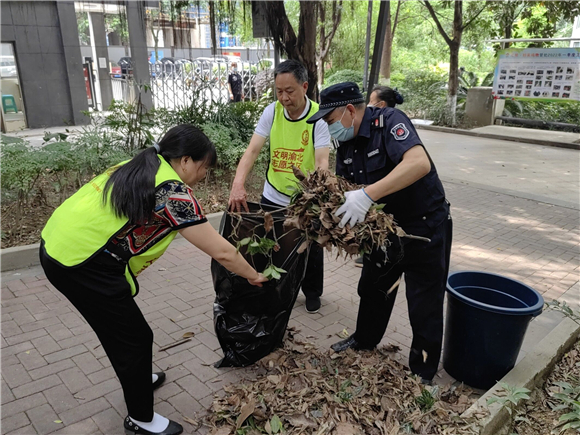 志愿者和物业一起清扫落叶。仙桃街道办事处供图 华龙网发