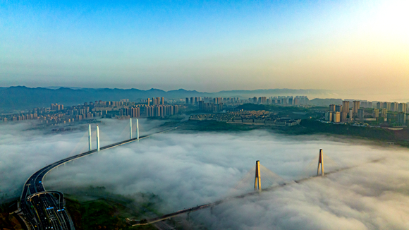 云雾中的蔡家嘉陵江大桥。通讯员 陈飞胜 摄