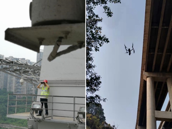 1高倍望眼镜、无人机航拍技术可解决桥梁维护人员无法到达危险区进行观察的难题，也能避免高空作业带来的安全风险。重庆市市政设施运行保障中心供图