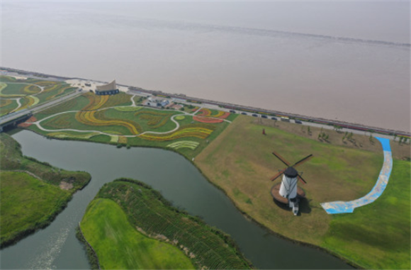 啟東江海文化景觀大道景色(7月17日攝,無人機照片).