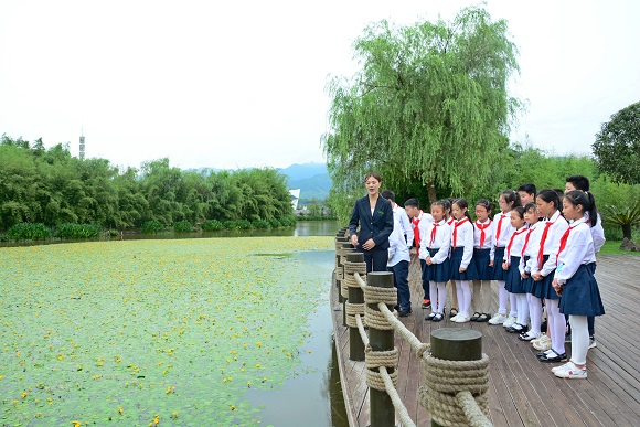在三峡竹博园，梁平区的师生介绍湿地植物荇菜。通讯员 张常伟 摄
