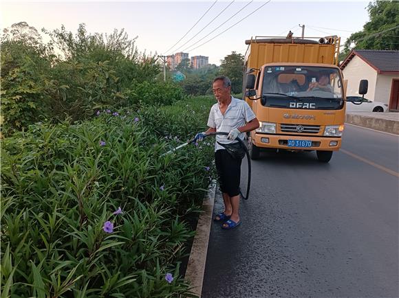2工人为棠香街道和平村公路沿线行道树及花草浇水“解渴”。特约通讯员 蒋文友 摄