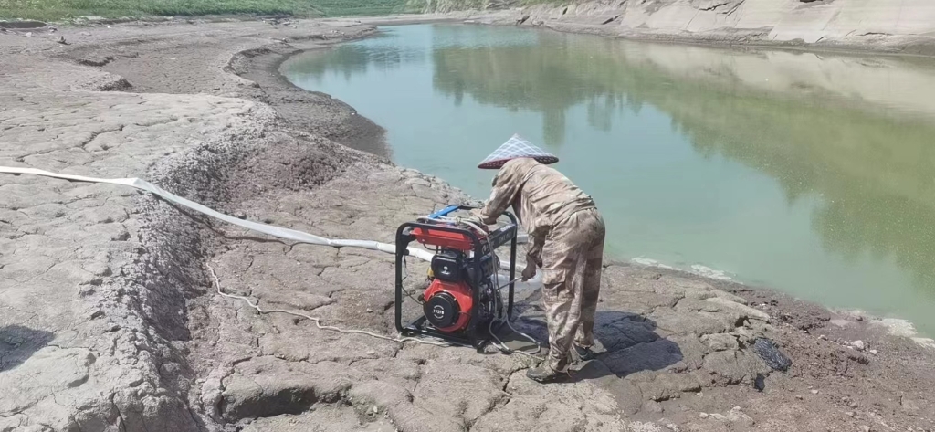 市水利局紧急抽调一批应急抽水泵送往抗旱救灾一线，工作人员在忠县复旦村抽取水保饮水和灌溉。重庆市水利局供图