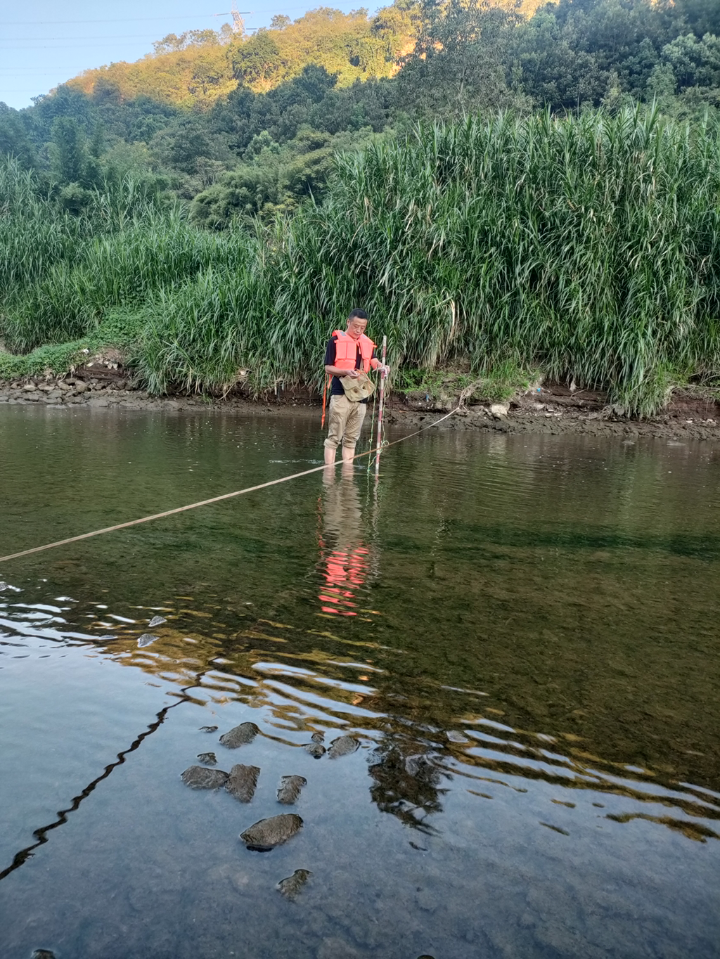 工作人員在進行低水涉河觀測。重慶市水利局供圖