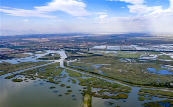宁夏沙湖景区（无人机照片）。新华社记者 杨植森 摄