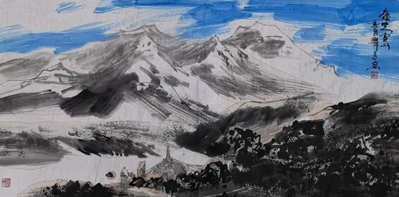 《康定雪山》 国画 140x70cm