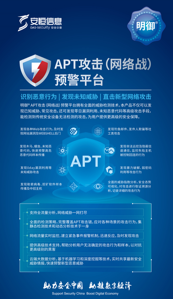 明御--APT（明御RAPT攻击(网络战)预警平台拥有全面的威胁检测技术,本产品不仅可以发现已知威胁、常见攻击,还可发现零日漏洞利用、未知恶意代码等高级攻击手段,能检测到传统安全设备无法检测的攻击,为用户提供更高级的安全保障）