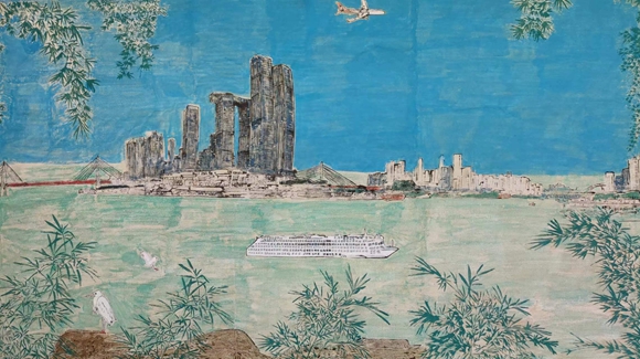 梁昌华，朝天扬帆，183×98cm ，2022年，版画