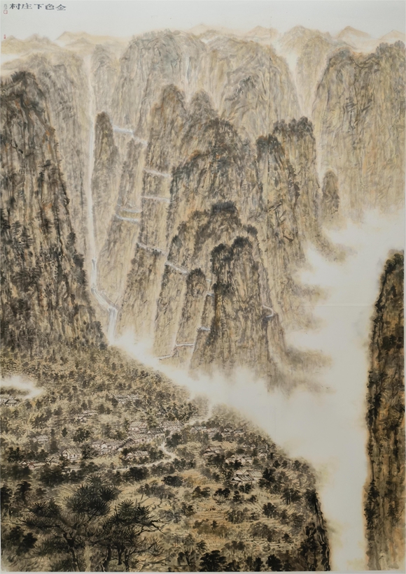 蒋才，金色下庄村，240x182cm，2022年，中国画