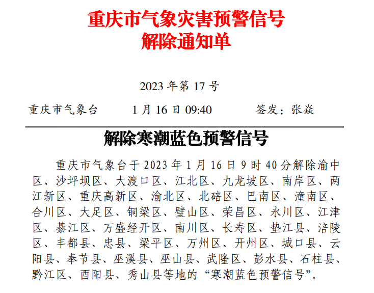 重庆解除“寒潮蓝色预警信号”。重庆市气象台供图