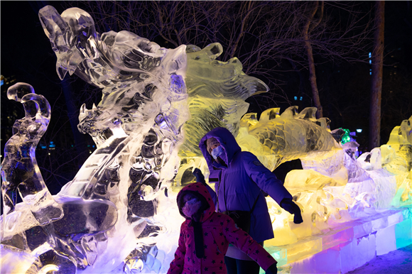 游客在哈尔滨冰灯艺术游园会园区内拍照留念。新华社记者 张涛 摄