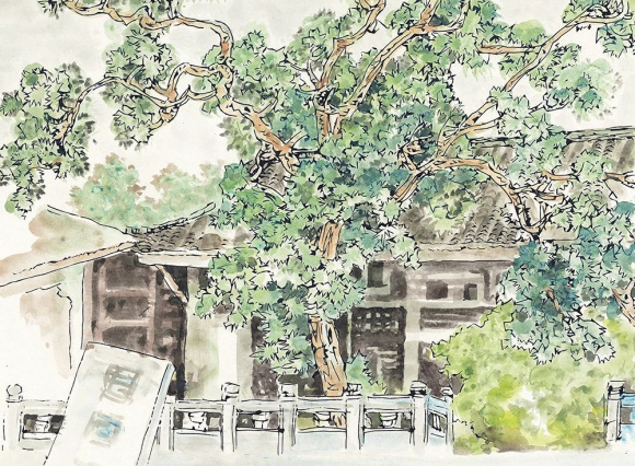 李永生丝网版画作品《钓鱼城古桂树》40cm×50cm 2021年