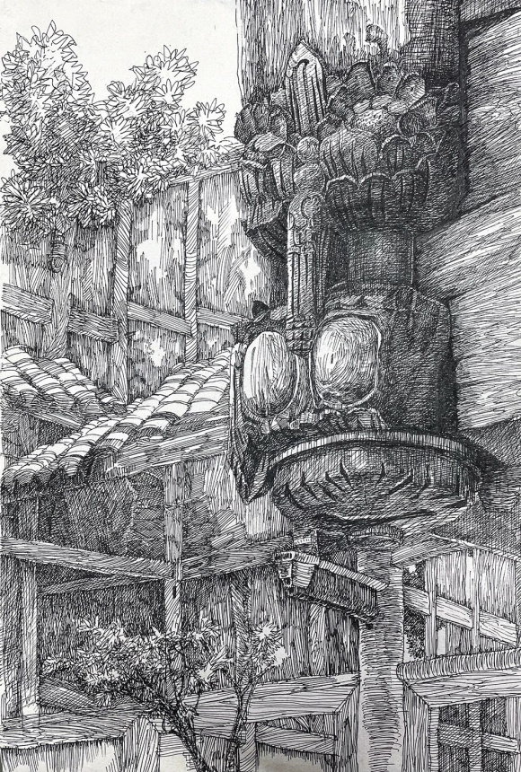 李永生钢笔画作品《合川三庙老戏台吊瓜》 45cm×30cm 2021年