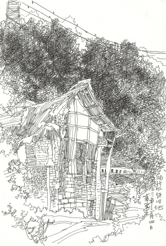 李永生钢笔画作品《土场新作坊旧址》 45cm×30cm 2021