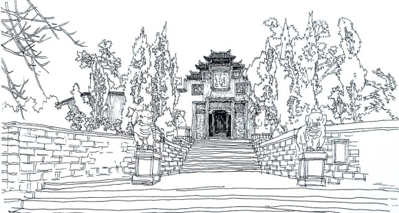 李永生钢笔写生作品《钓鱼城忠义寺》30cm×45cm 2021年