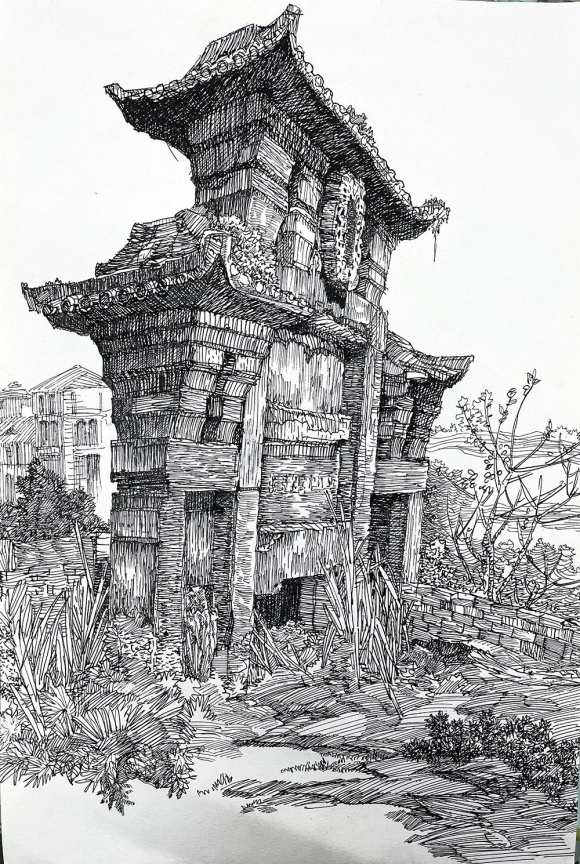 李永生钢笔画作品《合川古石坊》 45cm×30cm 2021年