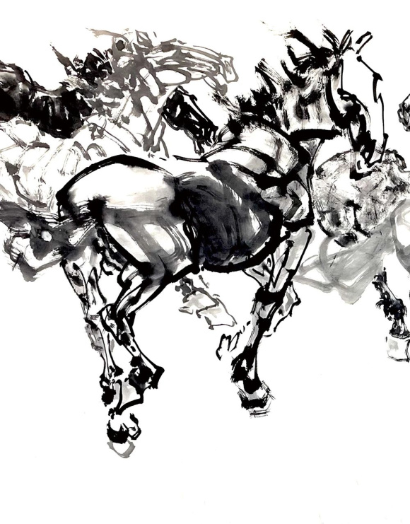 李永生中国画作品《群马局部》 43cm×50cm 2021年