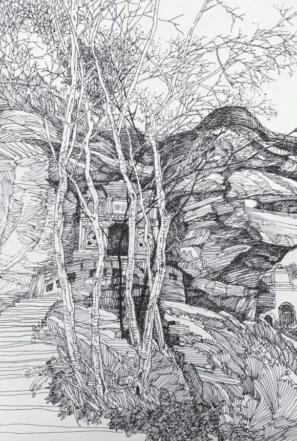 李永生钢笔画作品《合川龙多山龙头》 45cm×30cm 2021年