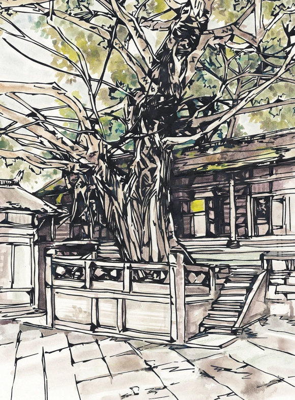 李永生丝网版画作品《钓鱼城护国寺》50cm×40cm 2021年