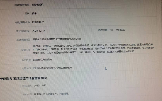 张先生在全国12315平台投诉截图。受访者供图 华龙网发