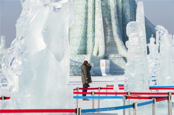 1月5日，在哈尔滨冰雪大世界园区，评委观看参赛冰雕作品。新华社记者 谢剑飞 摄