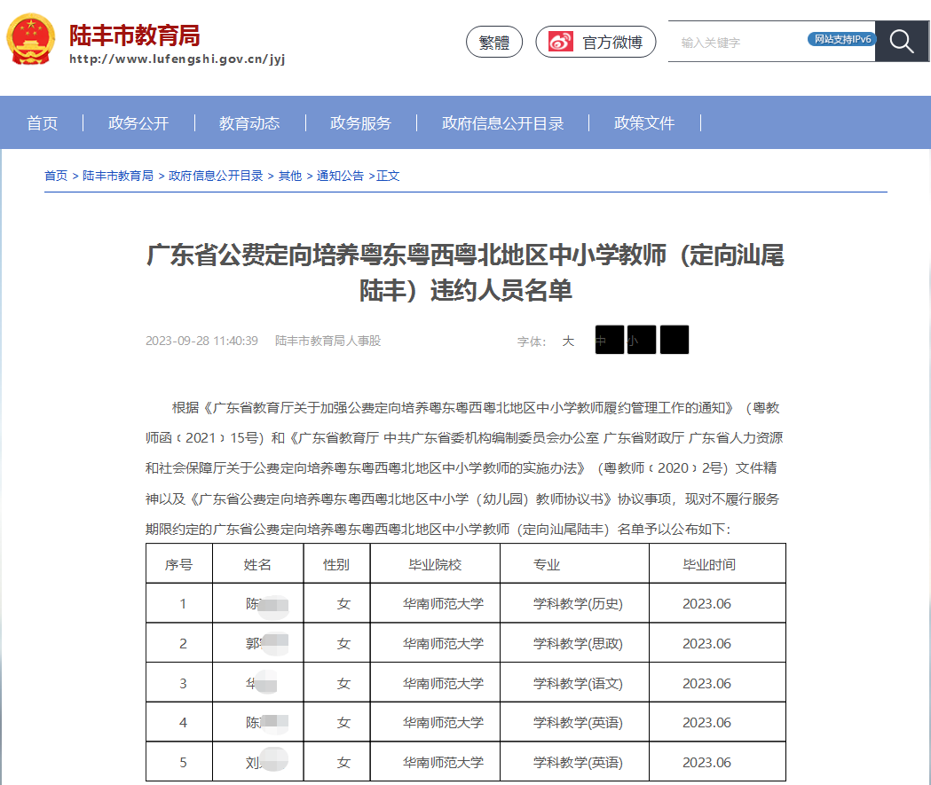 多名公费师范毕业生未履约被通报1