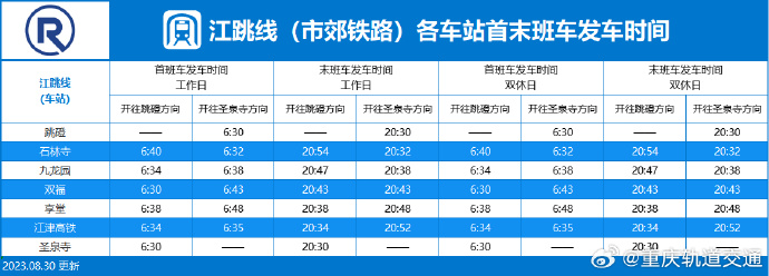 重庆轨道交通运营时刻表有调整12