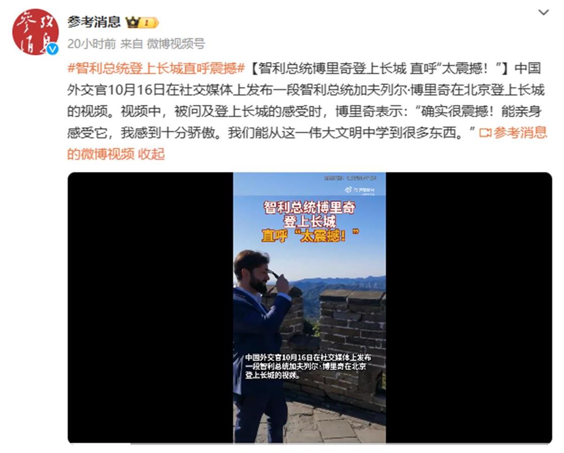 智利“85后”总统博里奇登上长城，直呼“太震撼”
