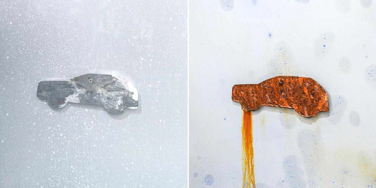 同样经历720小时喷淋试验的红旗HS7样车图片（左）和金属片（右）。 红旗品牌供图 华龙网发