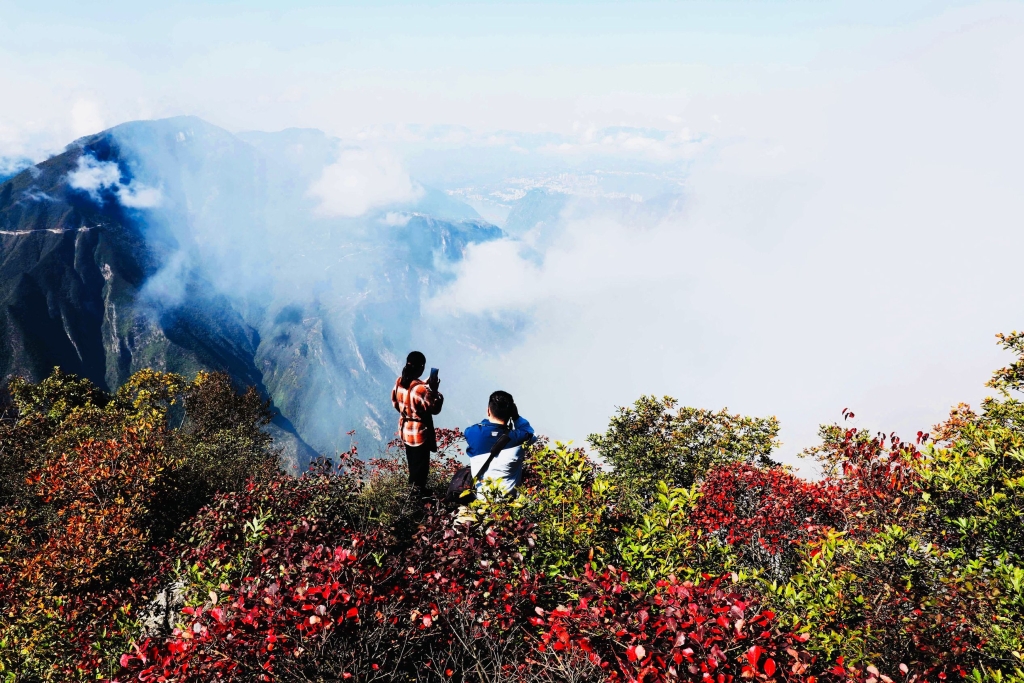 10月20日，游客在巫峡·神女景区拍摄红叶。 巫山县旅发集团供图