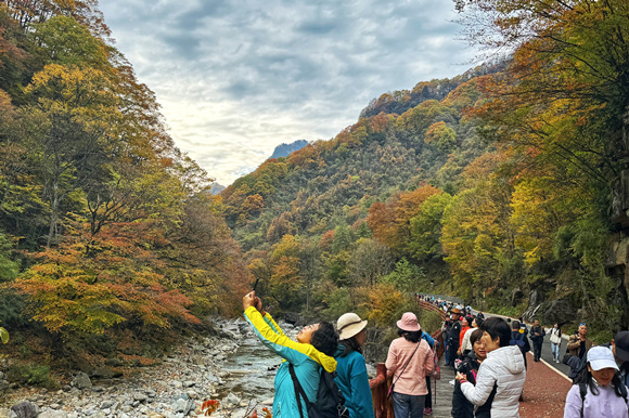 游客在米仓山景区大小兰沟景点拍照打卡。华龙网 姬一鸣 摄