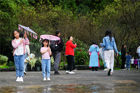 许多游客来到酉阳桃花源景区“打卡”。特约通讯员 陈碧生 摄