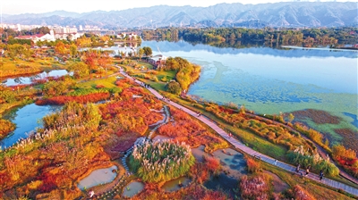 双桂湖国家湿地公园梁山草甸景点，市民在色彩斑斓的冬日美景中观光游玩。记者 熊伟 向成国 供图
