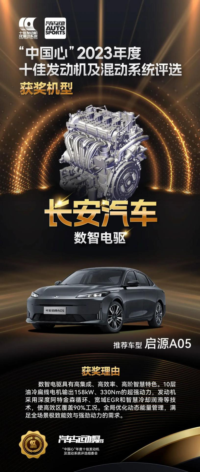长安启源A05荣获“中国心”2023年度十佳发动机及混动系统。 长安汽车供图 华龙网发