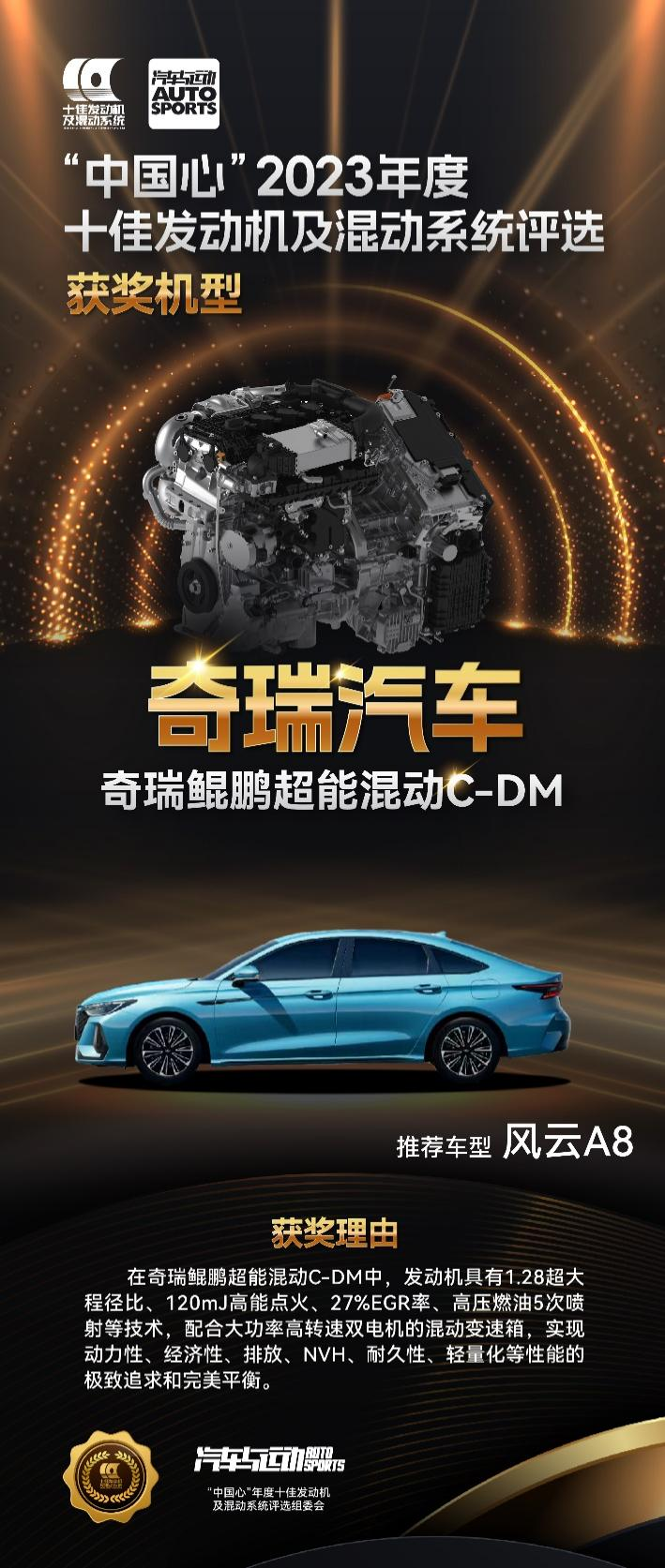 鲲鹏超能混动C-DM荣获“中国心”2023年度十佳发动机及混动系统称号。 奇瑞汽车供图 华龙网发