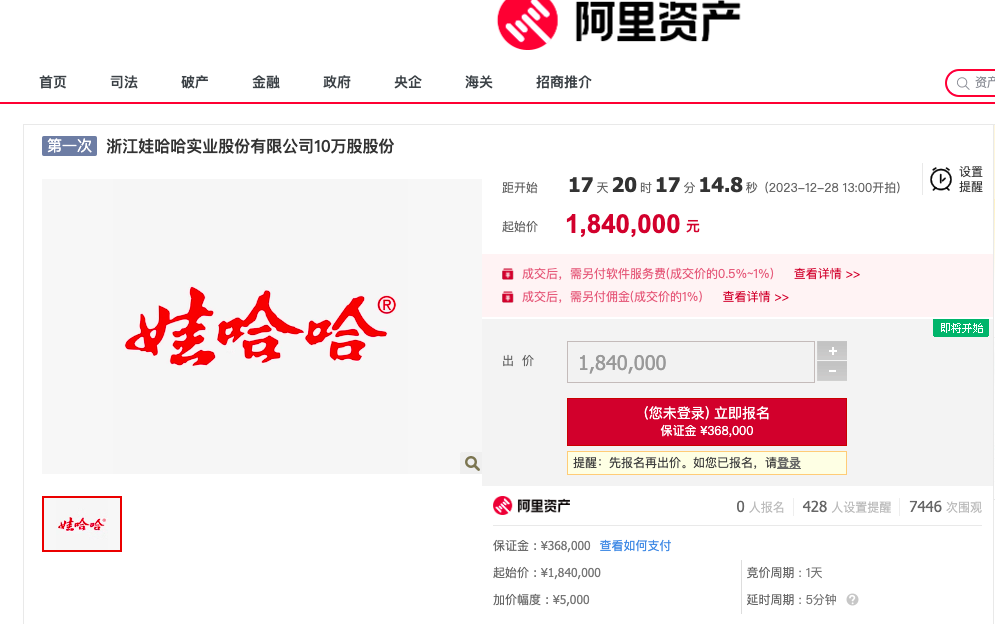 10万股娃哈哈股份将被拍卖，每股18.4元1