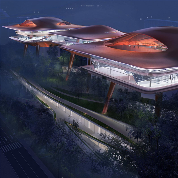 极具未来感的“飞碟”形态建筑矗立在港口上方。寸滩邮轮母港公司供图 华龙网发