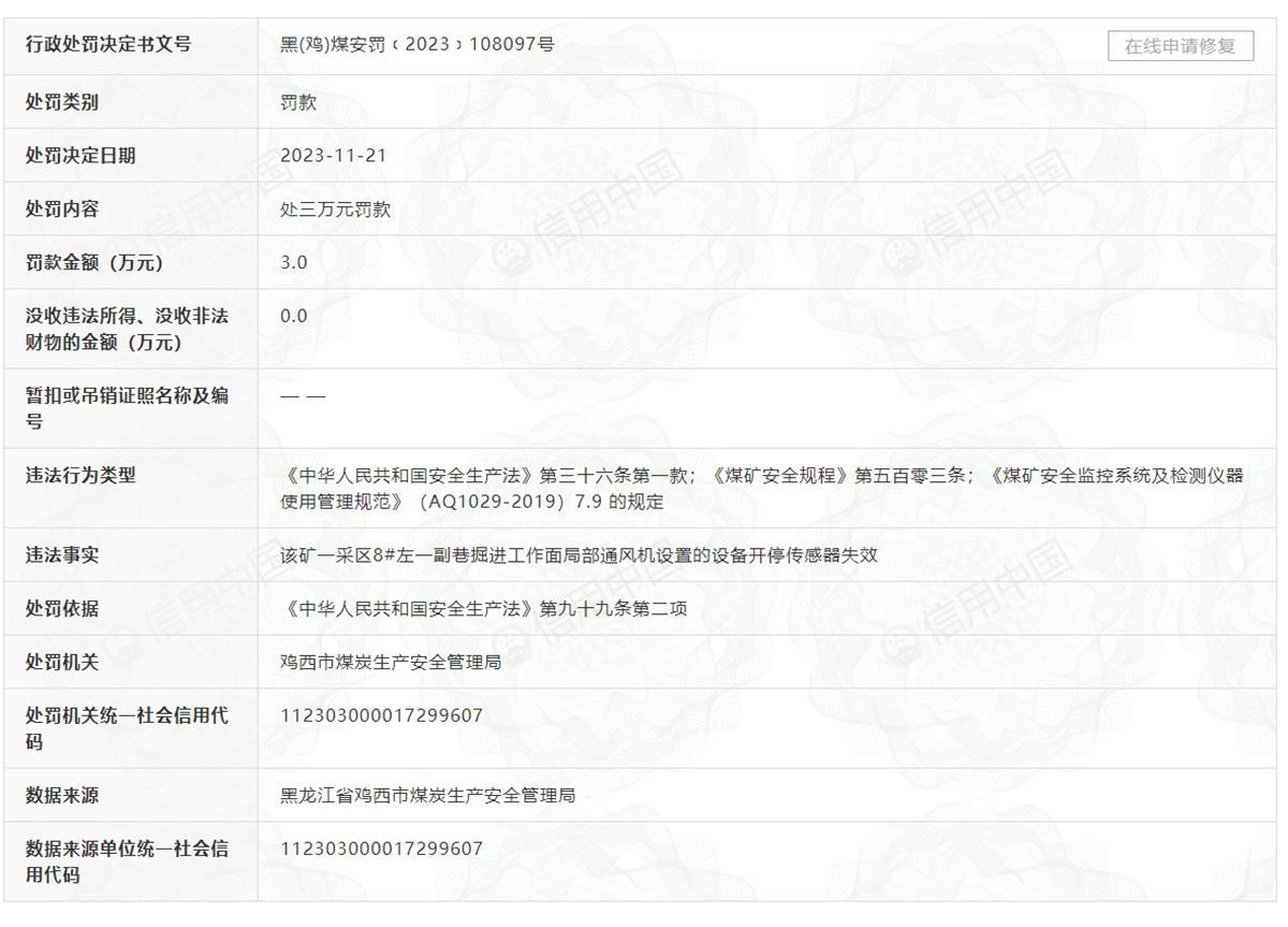 黑龙江鸡西一煤矿发生斜井跑车事故致12死13伤，一月前刚因安全问题被罚