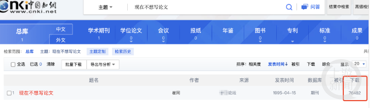 知网一文献总库下载量最高文章名为《现在不想写论文》，被下载7万多次