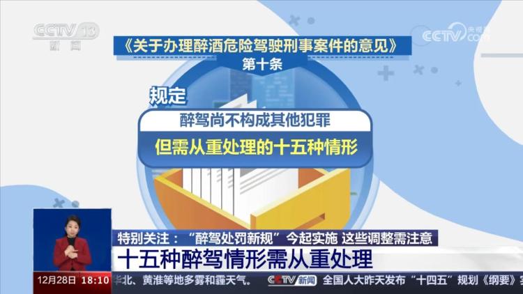 “醉驾处罚新规”开始实施：15种情形从重处理 10种情形一般不适用缓刑3