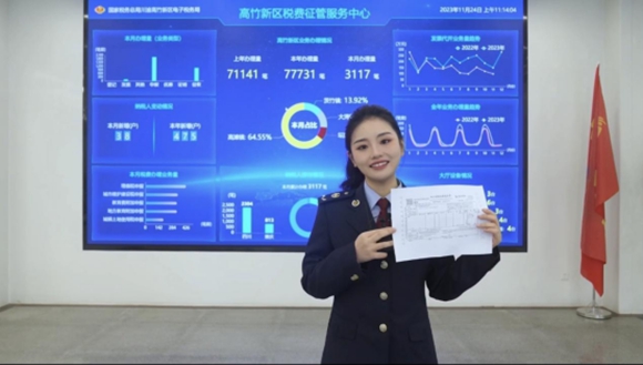 重庆市渝北区税务人员介绍川渝高竹区税费征管服务中心开具的第一张发票，在北京展览馆党的二十大“奋进新时代”主题成就展展出。国家税务总局重庆市税务局供图 华龙网发