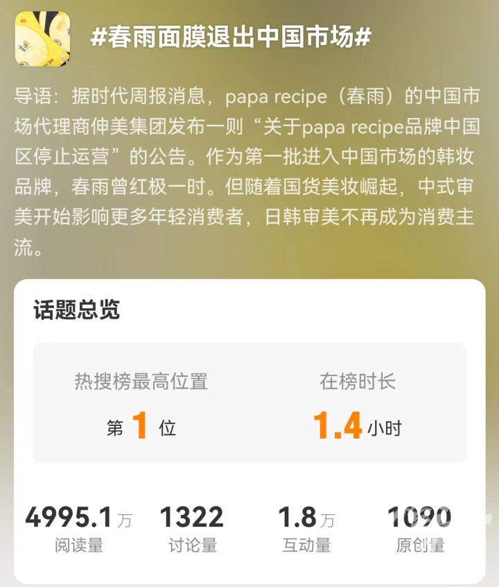 热搜第一！火了10年的春雨面膜退出中国市场，以后还会回来吗？1