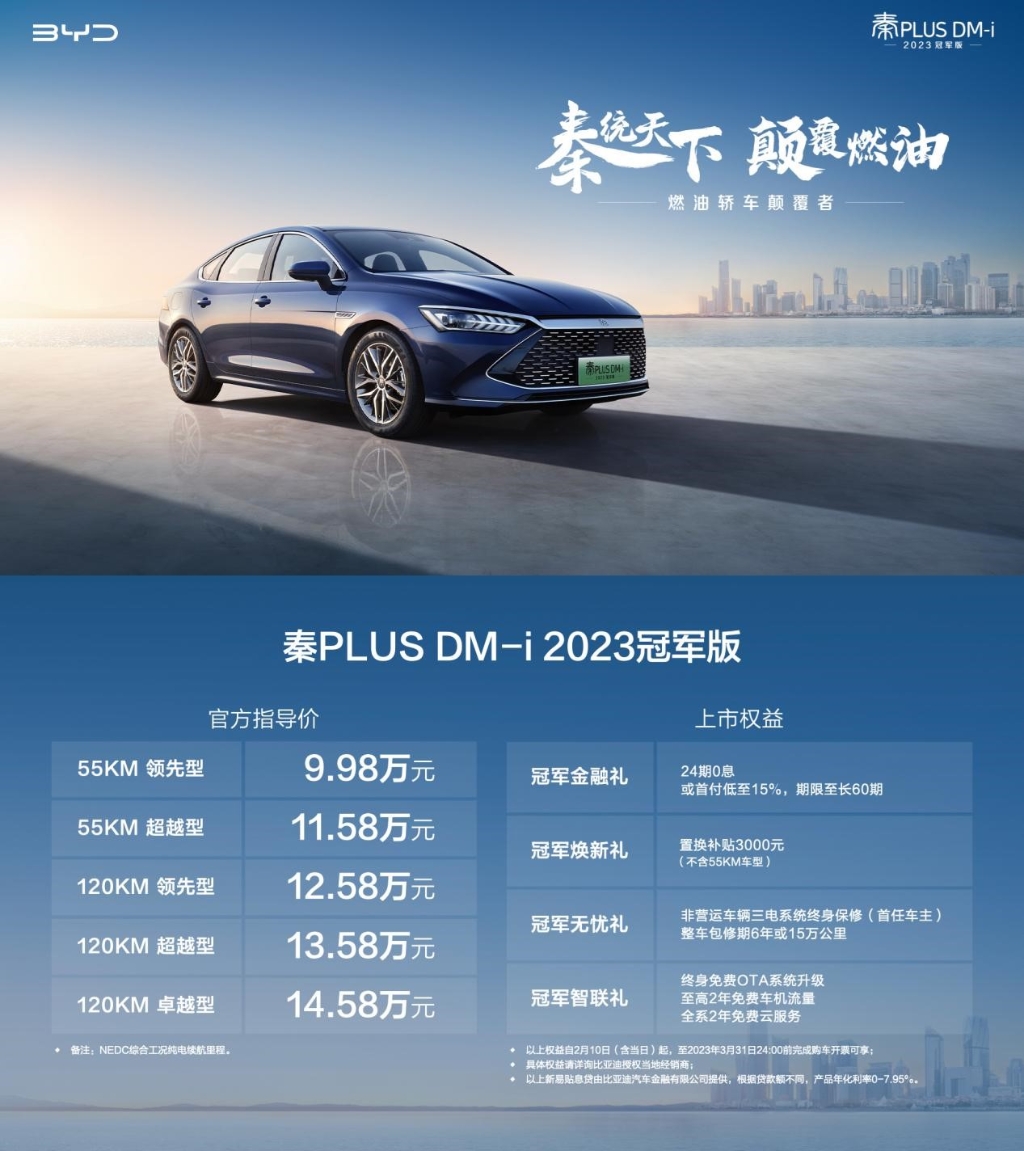 秦PLUS DM-i 2023冠军版价格及购车权益。 比亚迪汽车供图 华龙网发