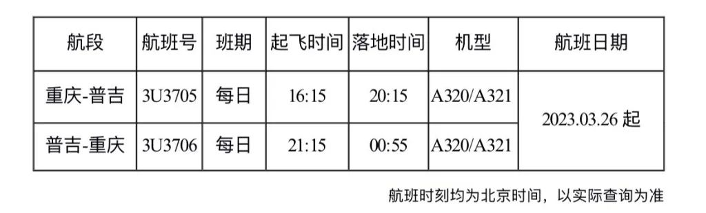 Timetable. (Photo provided by Sichuan Airlines)