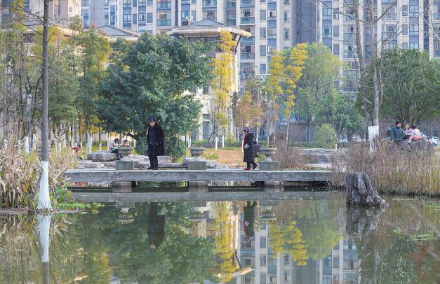 窝子溪滨河公园，市民在休闲漫步，享受阳光。