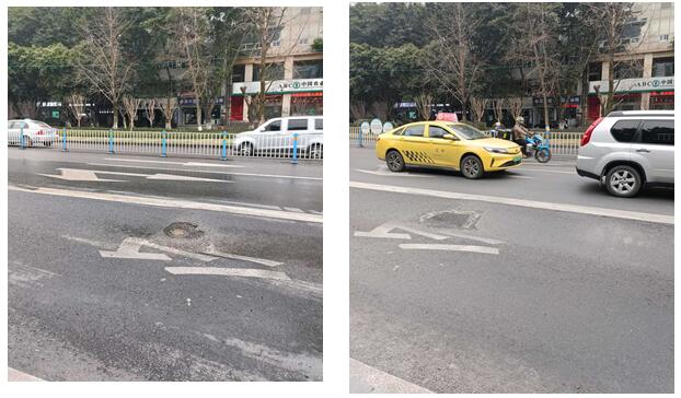 渝州二社区石桥广场公交站道路破损前后处置照。通讯员 李政 摄