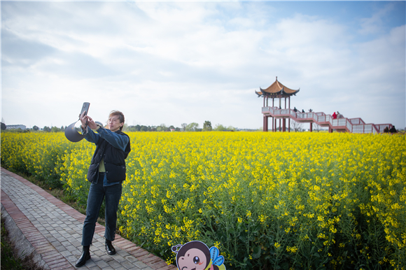 游客在油菜花节核心景区拍照。新华社记者 伍志尊 摄