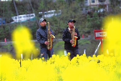 游客在油菜花田里吹奏萨克斯。记者 杨敏 摄