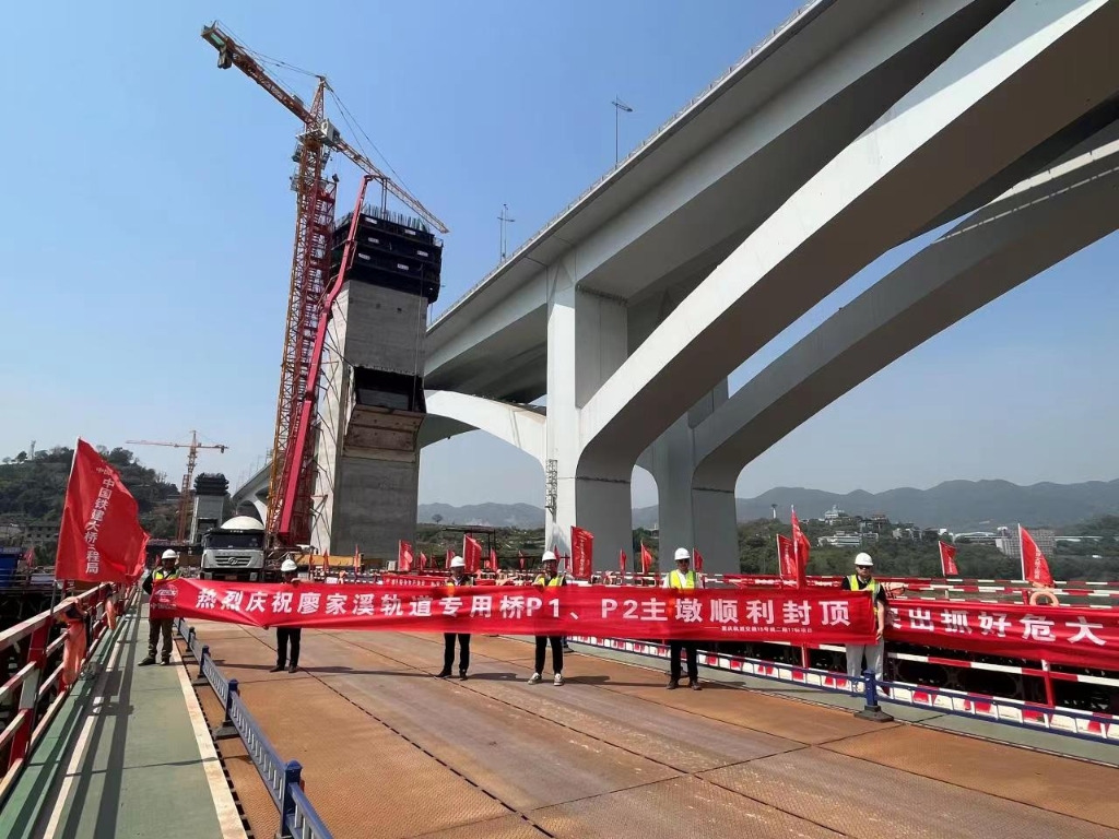 重庆轨道交通15号线二期廖家溪轨道专用桥两个主墩同步封顶。中铁建重庆投资集团供图